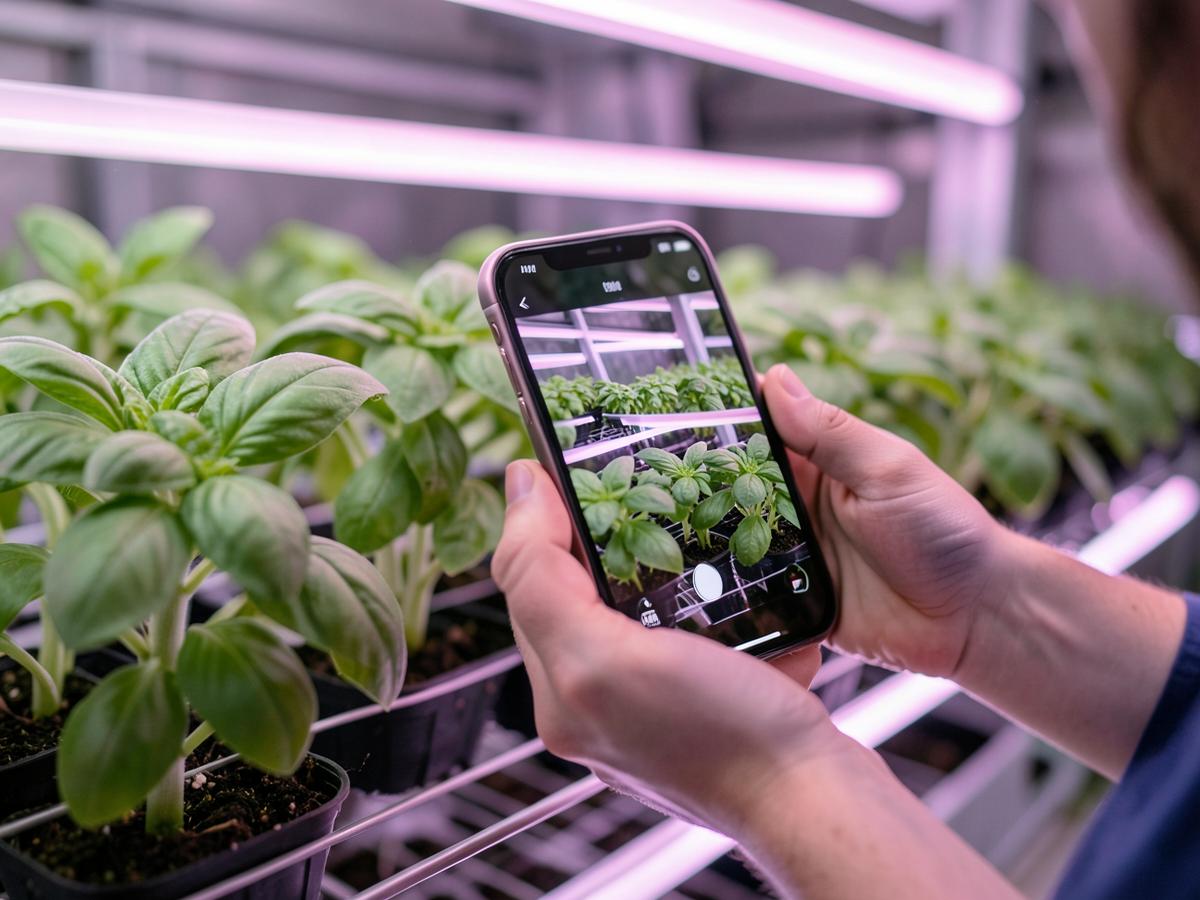 A grower photographing basil plants with a phone in a vertical farm